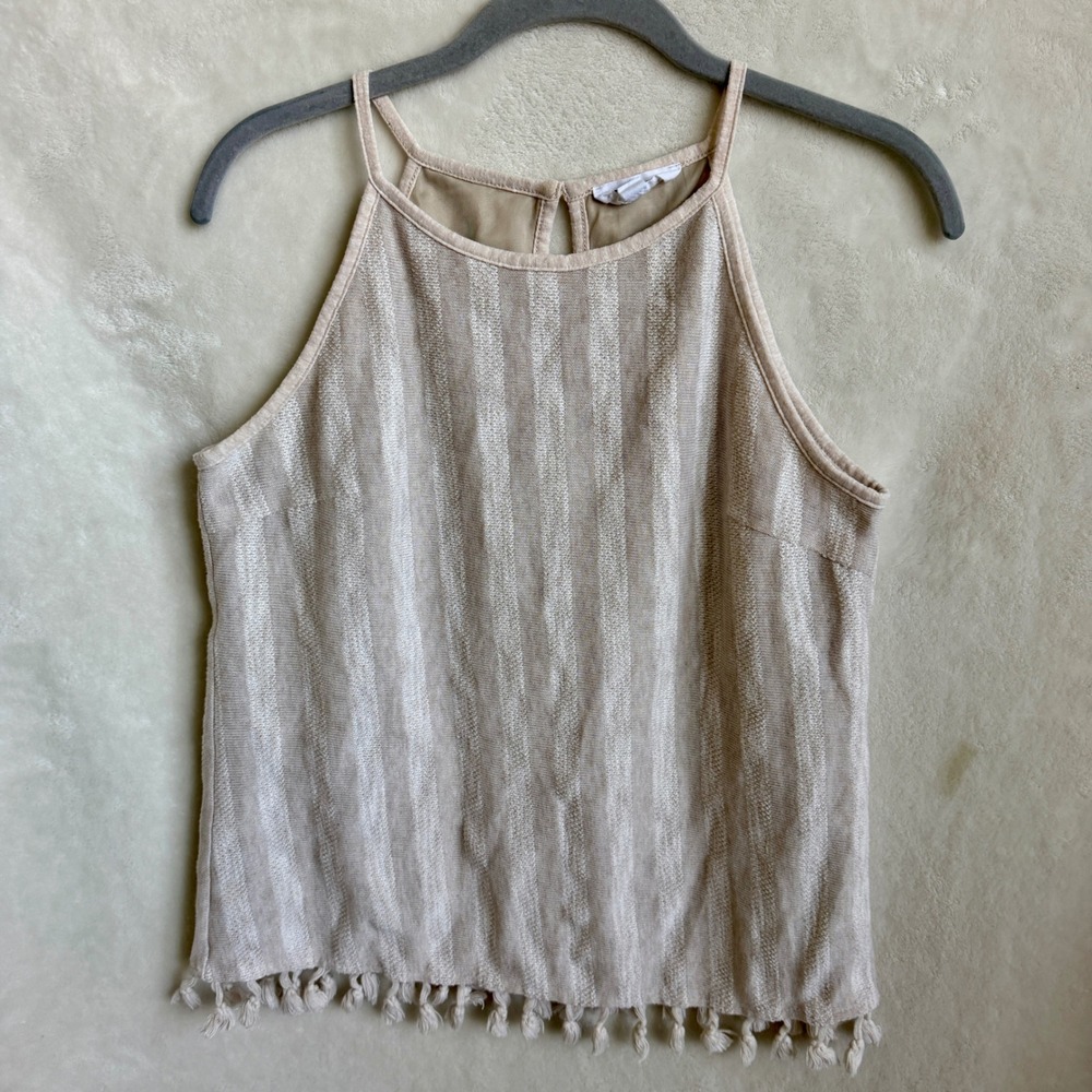 THML Womens Oatmeal Stripe Halter Top With Keyhole Back And Fringe Hem Sz S